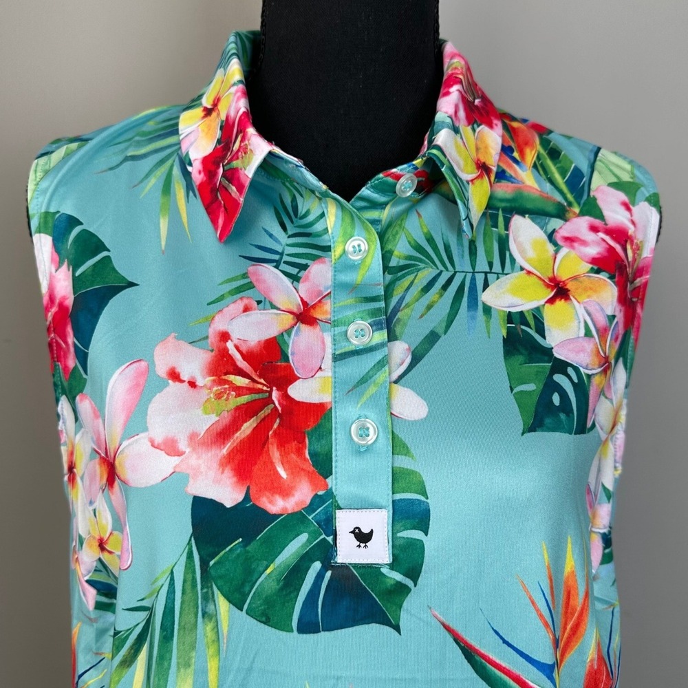 Sleeveless Tropical Floral Polo Top - Aqua